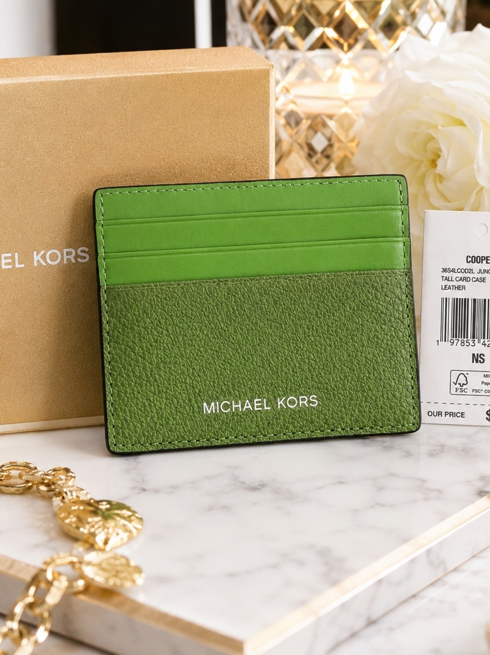 Michael Kors Cooper Card Holder Jungle Green Leather NWT Slim Wallet